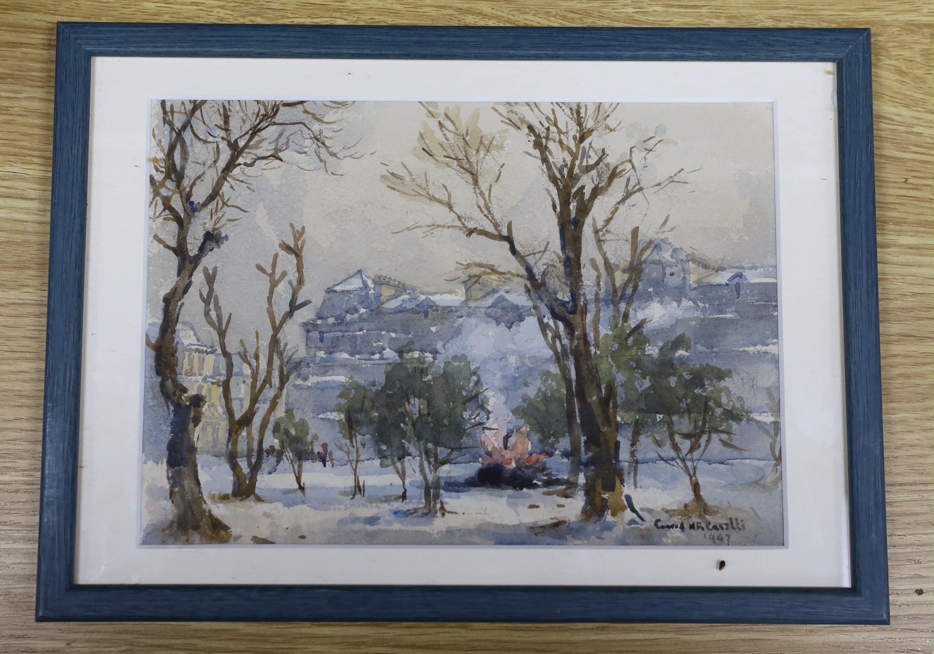Conrad H. R. Carelli (1869-1956), watercolour, Bonfire in a London Square, signed and dated 1947, 24cm x 17cm